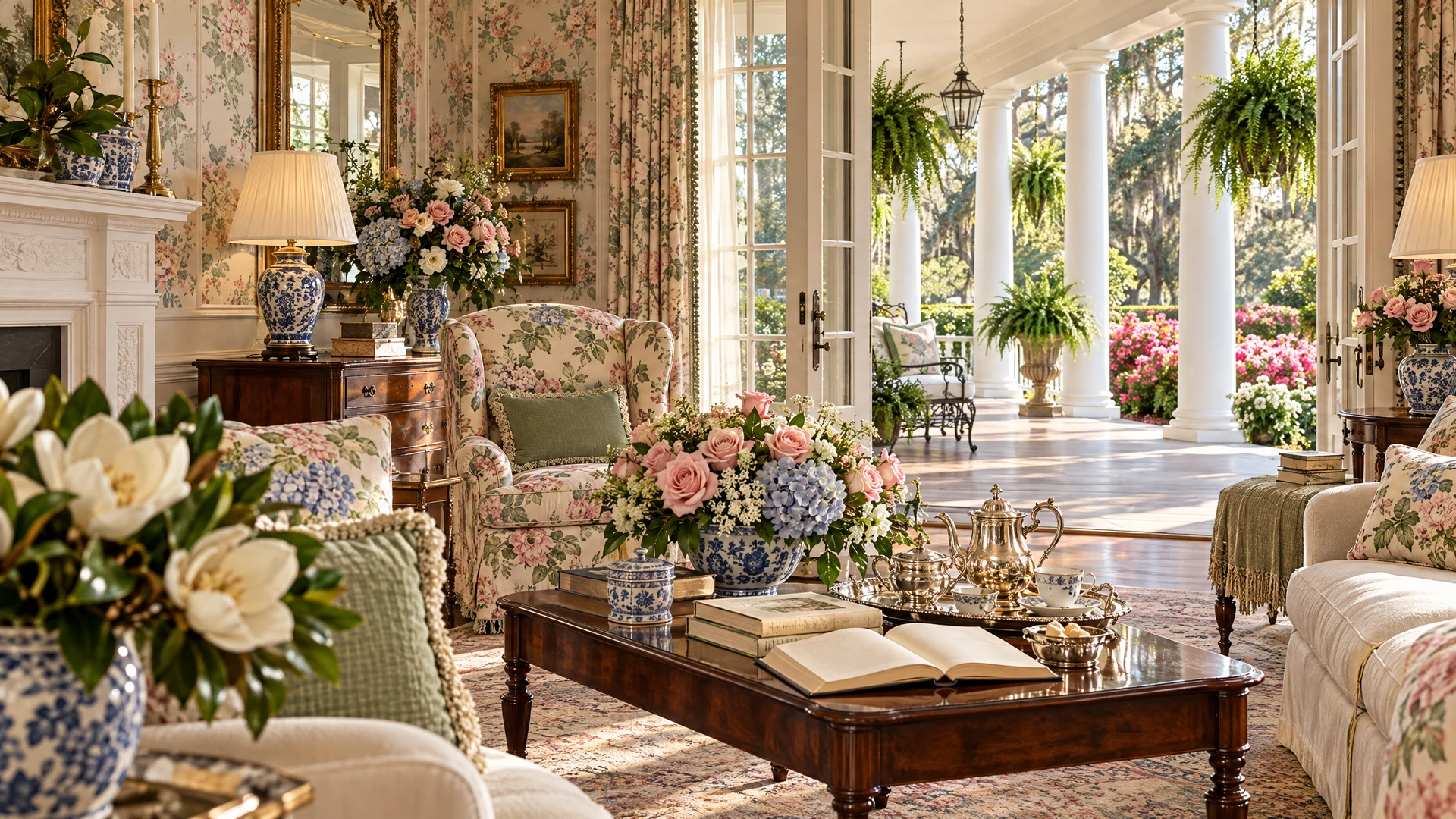 Illustrative floral Grandmillennial drawing room with chintz, heirloom porcelain, roses and a Southern veranda