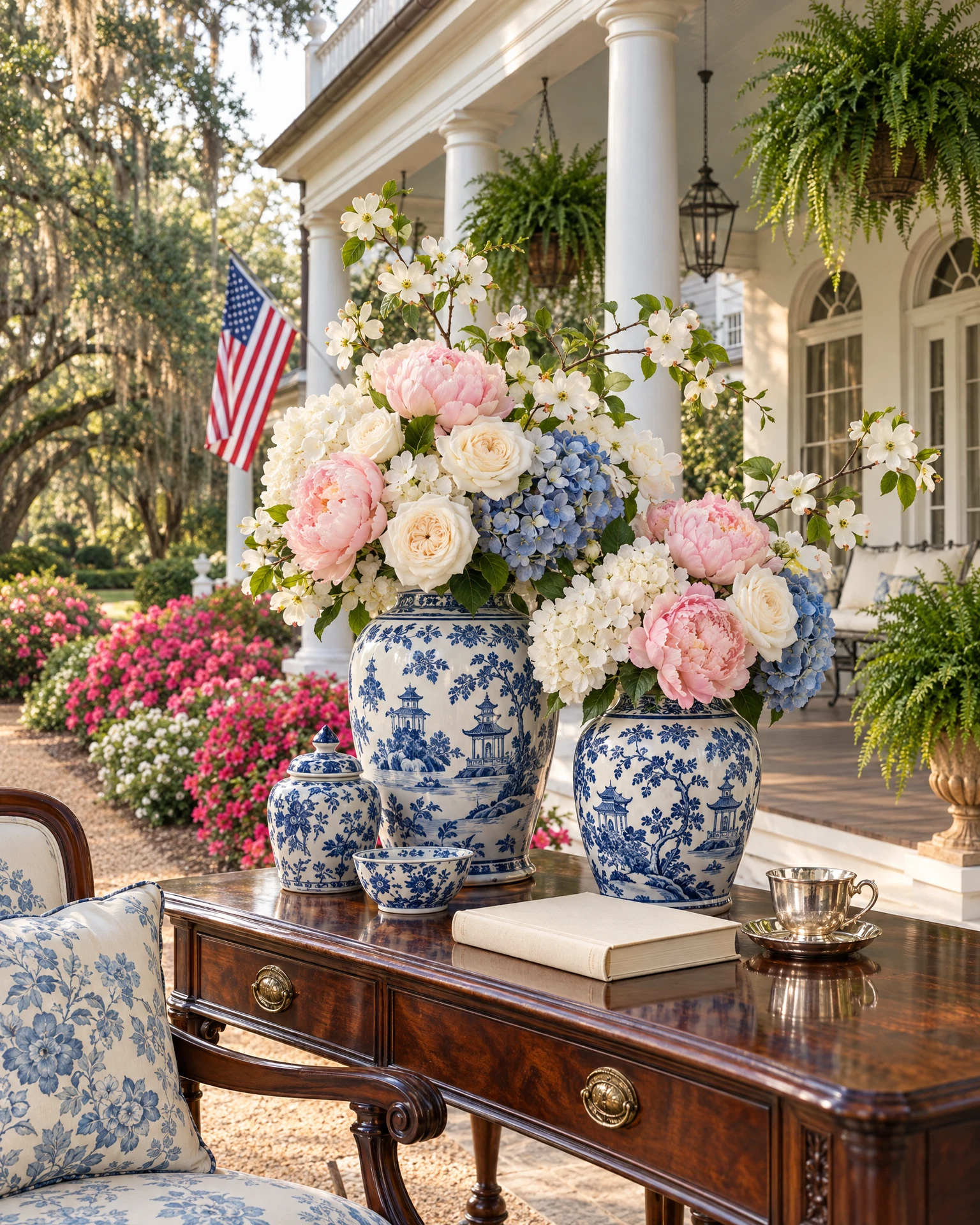 Illustrative blue-and-white ginger jars overflowing with hydrangeas, peonies, roses and a dogwood branch on a Southern porch