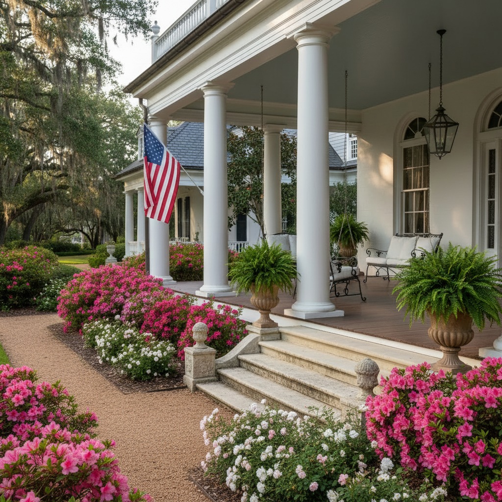 Original brand imagery of a white-columned Southern porch, abundant pink azaleas, hanging ferns and estate gardens